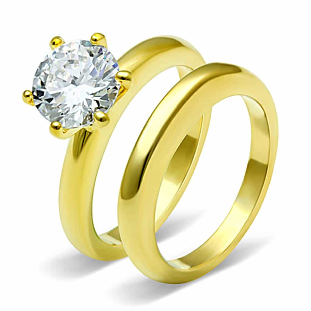 Stainless Steel Gold CZ Round Solitaire Bridal Set Ring view 5