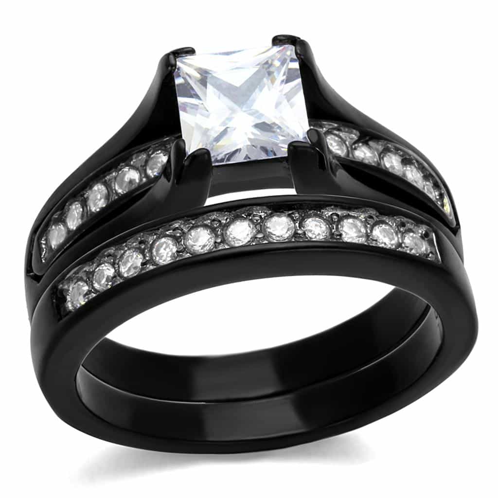 Stainless Steel Black CZ Princess Solitaire Channel Bridal Ring view 1
