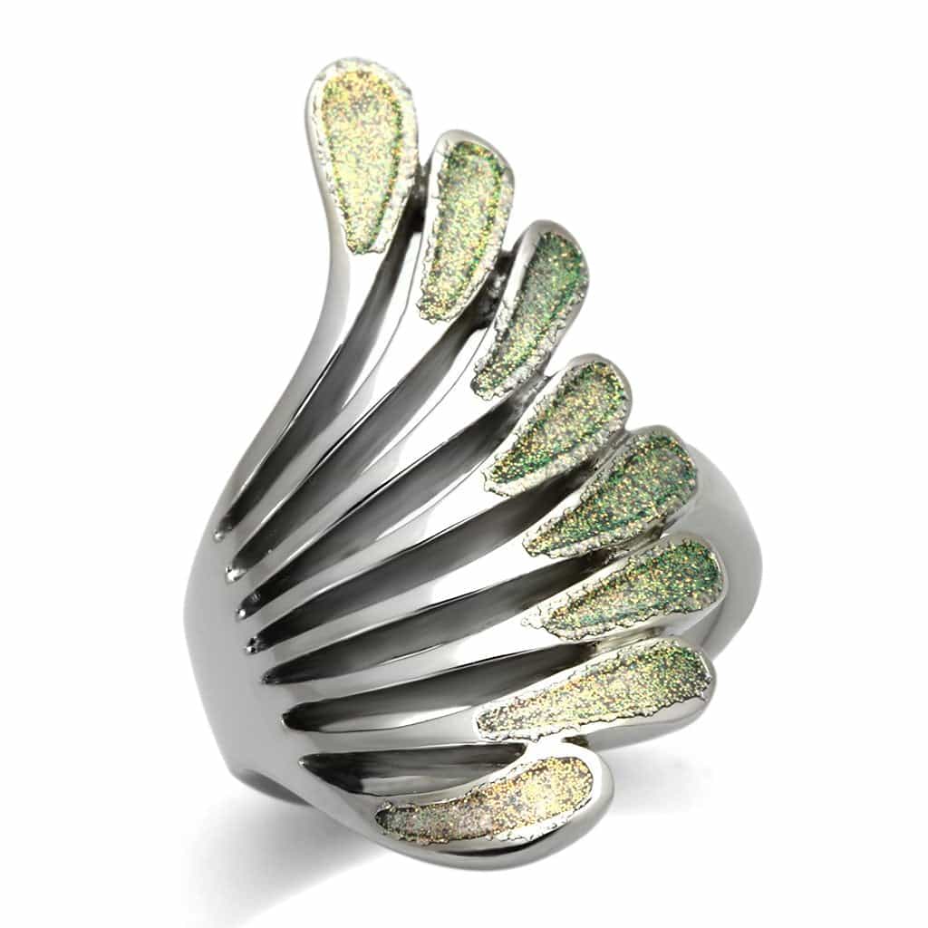 Stainless Steel Gold Green Glitter Enamel Wing Ring view 6