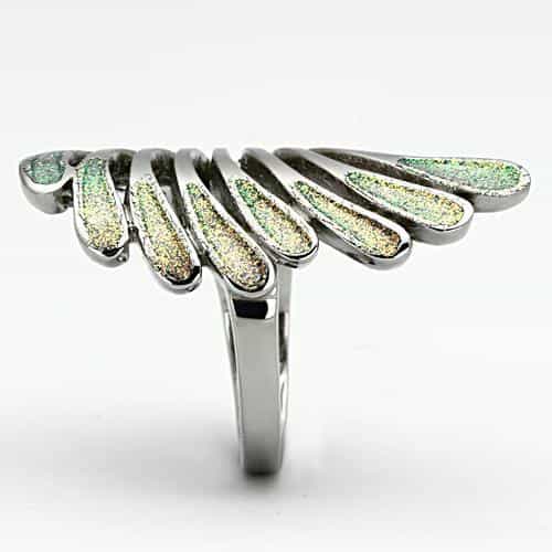 Stainless Steel Gold Green Glitter Enamel Wing Ring view 9