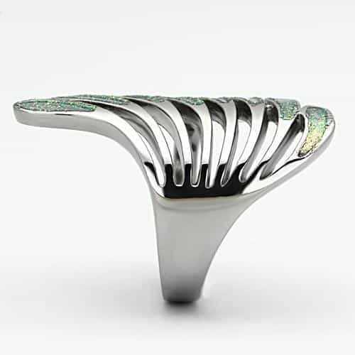 Stainless Steel Gold Green Glitter Enamel Wing Ring view 10