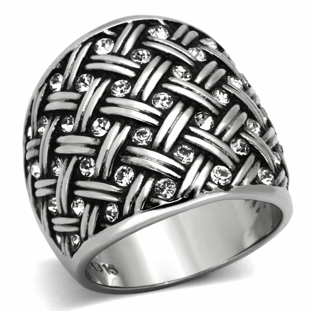 Stainless Steel Woven Basket Weave CZ Dome Ring view 1