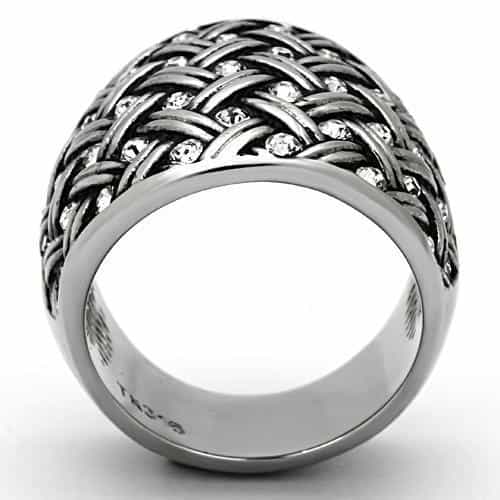 Stainless Steel Woven Basket Weave CZ Dome Ring view 7