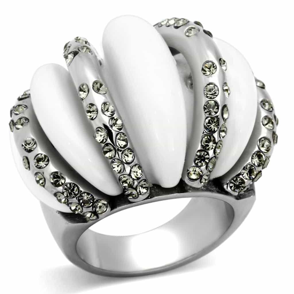 Stainless Steel White Enamel CZ Stripe Dome Ring view 1