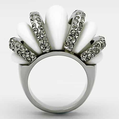 Stainless Steel White Enamel CZ Stripe Dome Ring view 3
