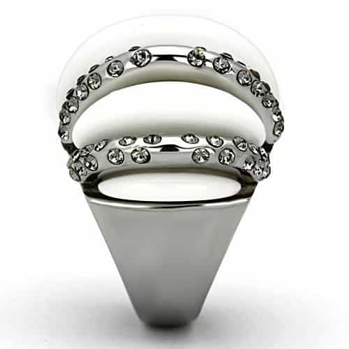 Stainless Steel White Enamel CZ Stripe Dome Ring view 8