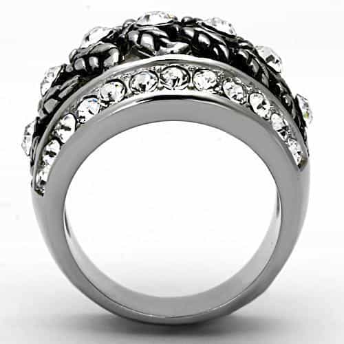 Stainless Steel Antiqued Leaf Pattern CZ Dome Ring view 3