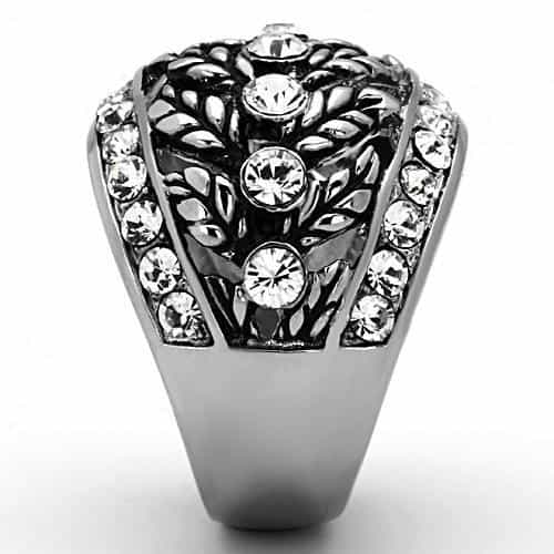 Stainless Steel Antiqued Leaf Pattern CZ Dome Ring view 4