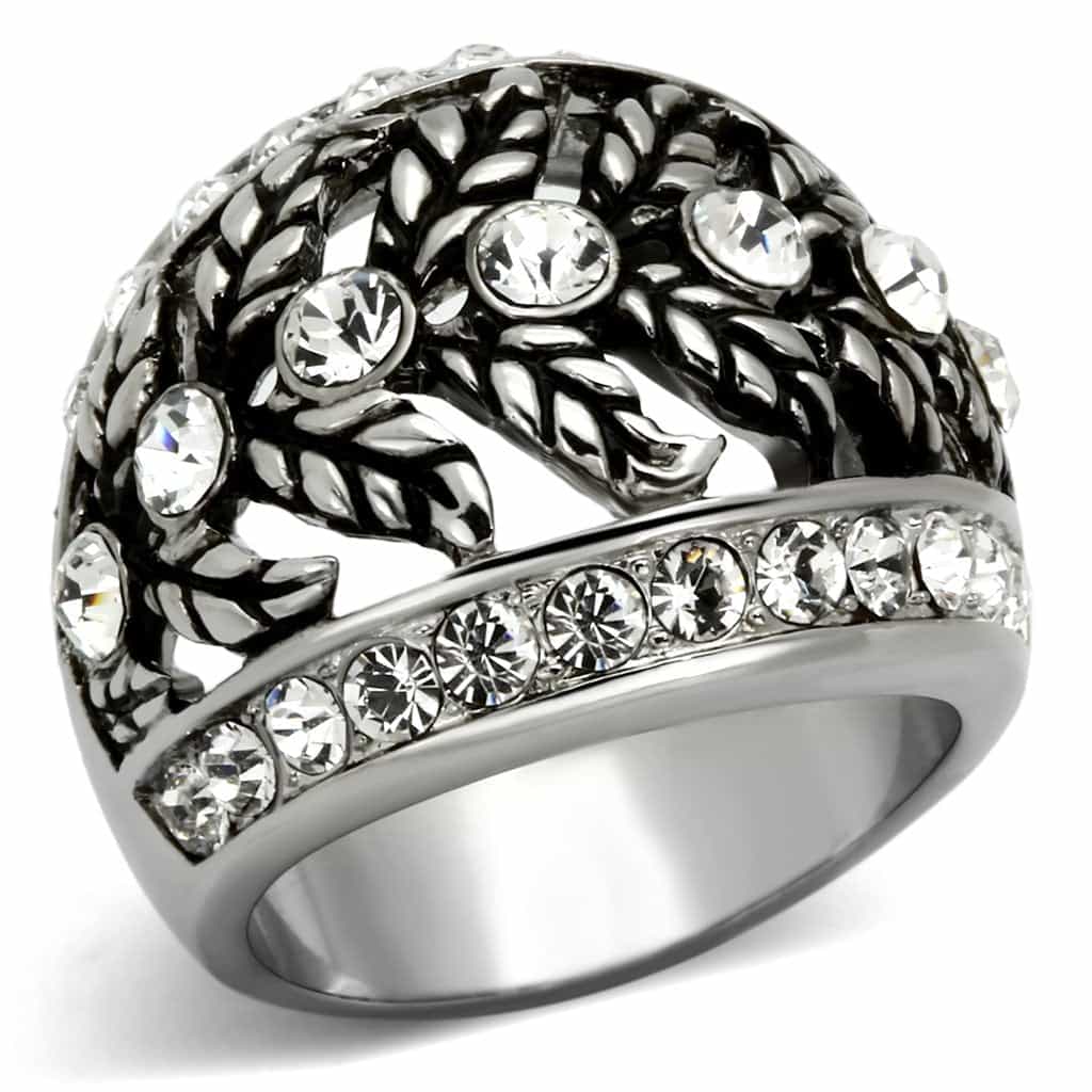 Stainless Steel Antiqued Leaf Pattern CZ Dome Ring view 1