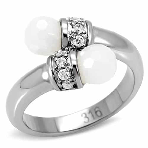 Stainless Steel White Pearl CZ Pave Bypass Ring view 1