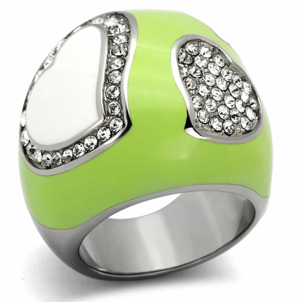 Stainless Steel Lime Green White Enamel CZ Dome Ring view 1