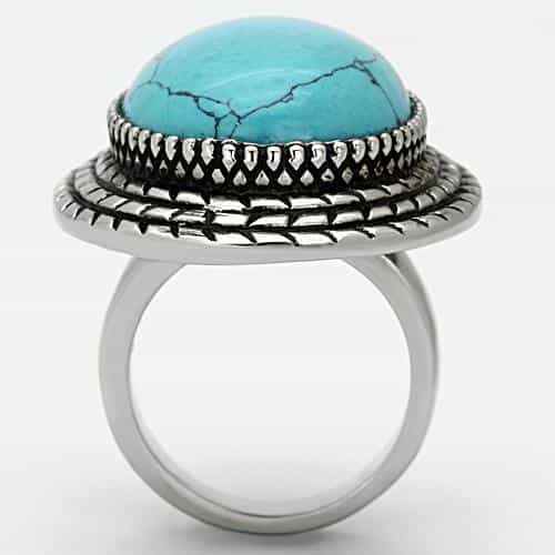 Stainless Steel Turquoise Oval Cabochon Rope Border Ring view 3
