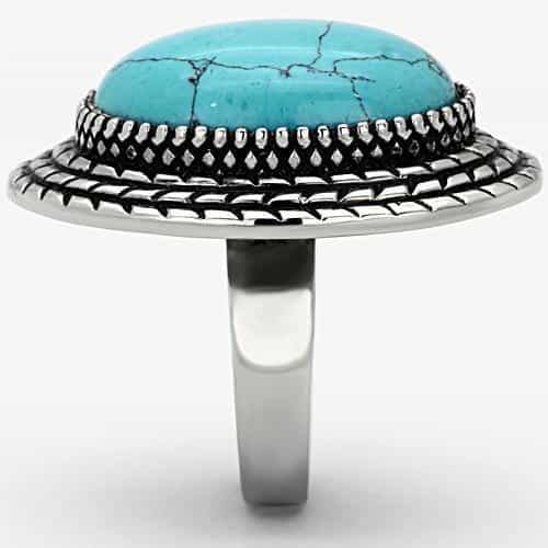 Stainless Steel Turquoise Oval Cabochon Rope Border Ring view 4