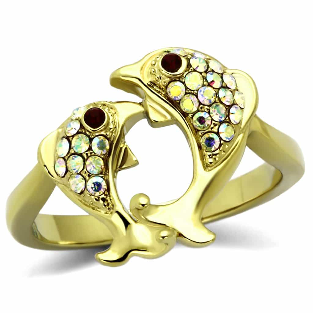 Stainless Steel Gold Crystal Double Dolphin Ring view 5