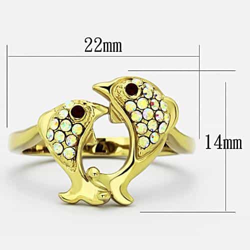 Stainless Steel Gold Crystal Double Dolphin Ring view 2