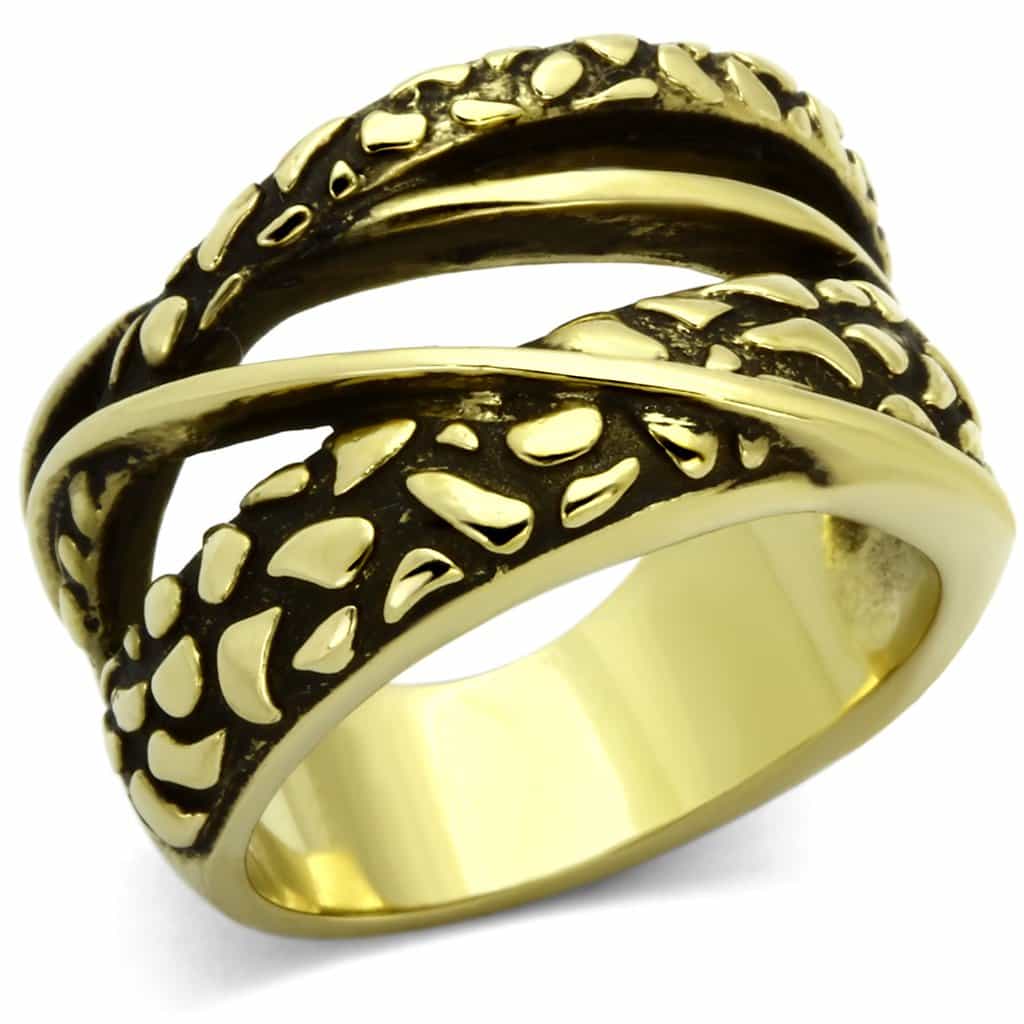 Stainless Steel Gold Antiqued Pebble Texture Crossover Ring view 5