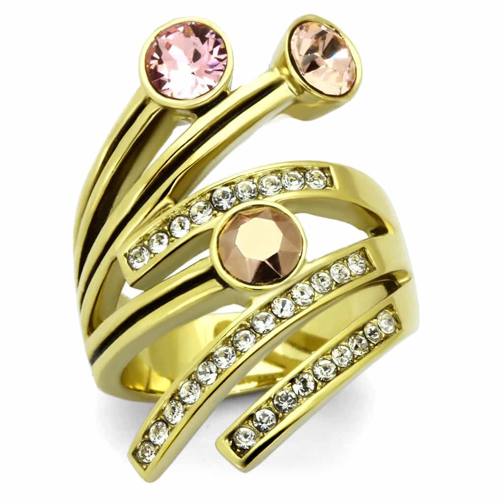 Stainless Steel Gold Peach Crystal Spiral Band Ring view 5