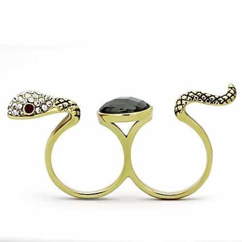 Stainless Steel Gold Black Crystal CZ Snake Double Ring view 7