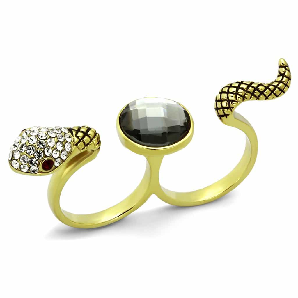 Stainless Steel Gold Black Crystal CZ Snake Double Ring view 1