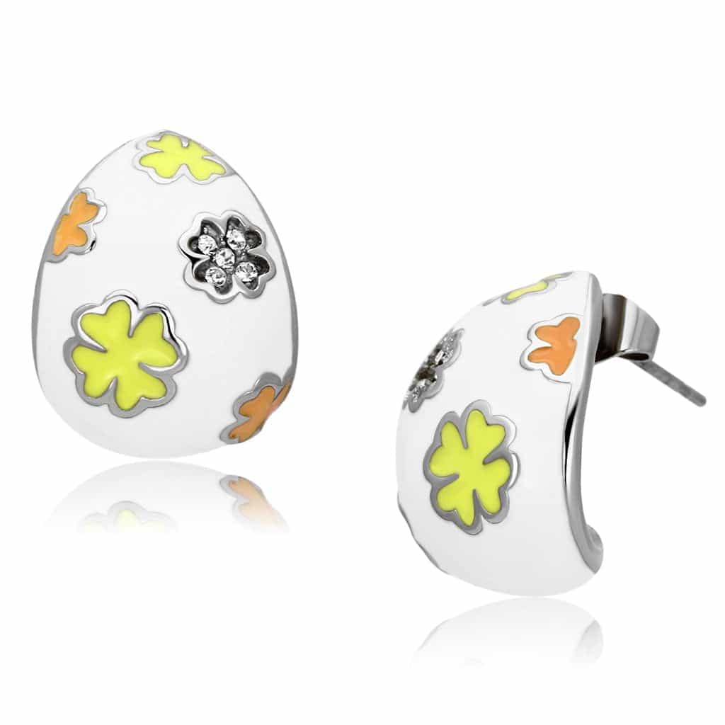 Stainless Steel White Enamel Multi Color Clover Hoop Earrings view 1
