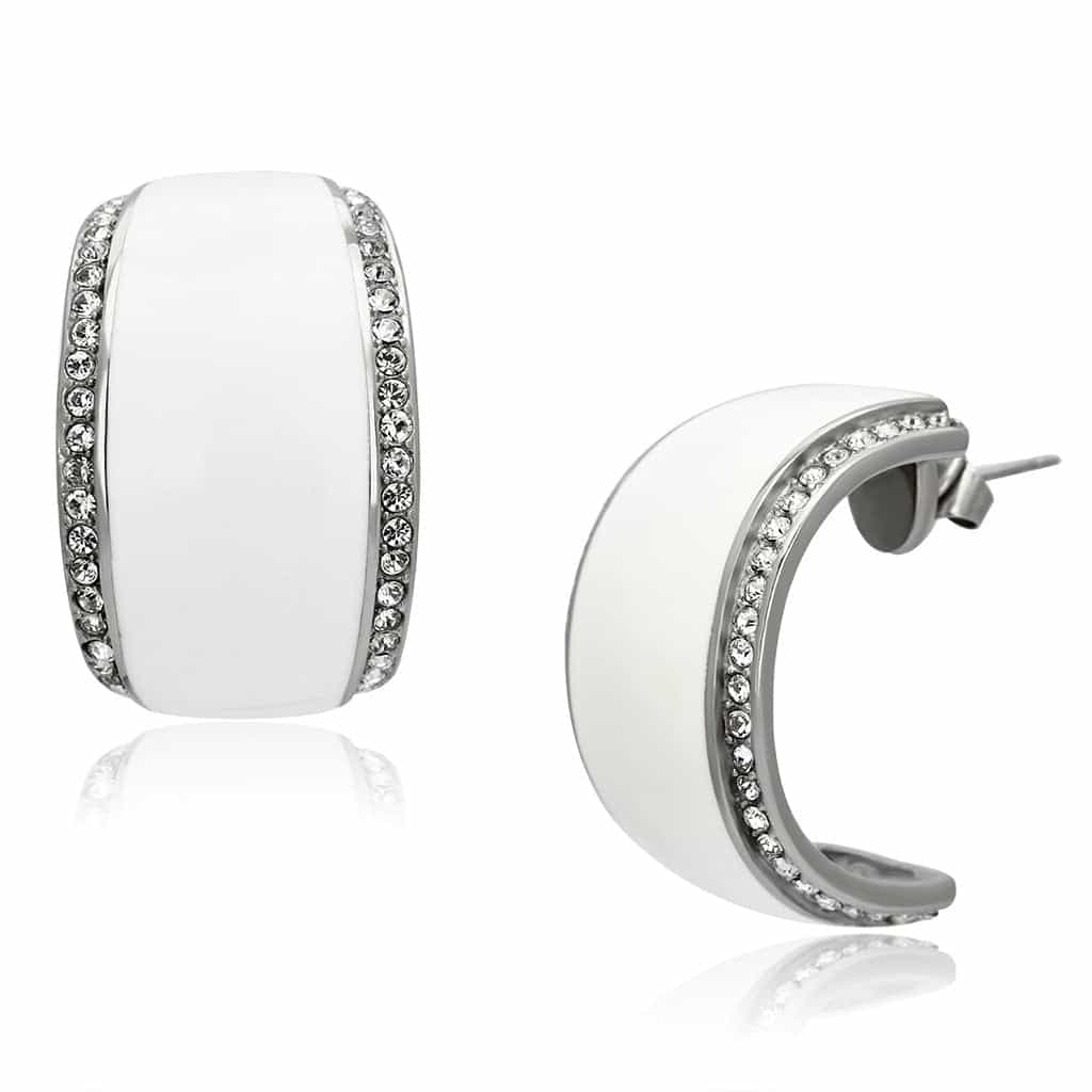 Stainless Steel White Ceramic CZ Huggie Hoop Earrings view 1