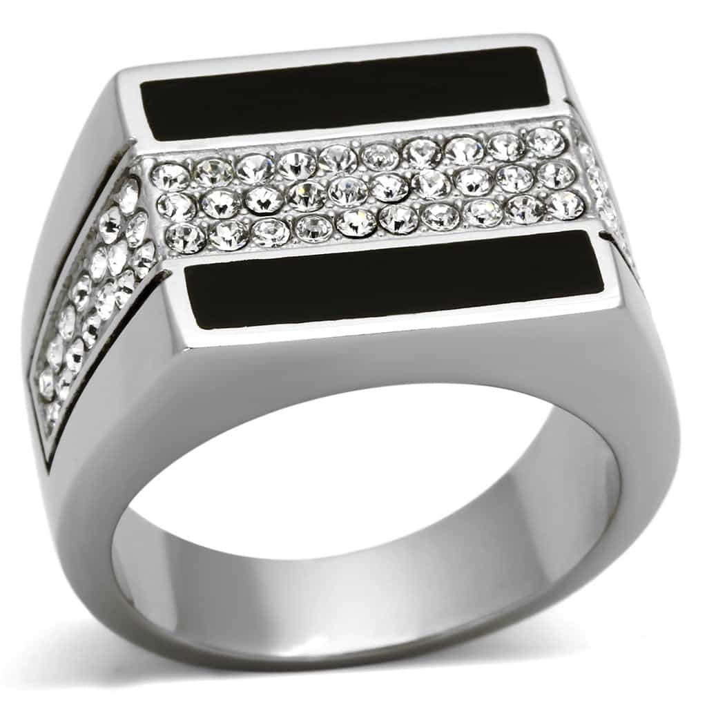 Stainless Steel Black Enamel CZ Pave Mens Signet Ring view 5