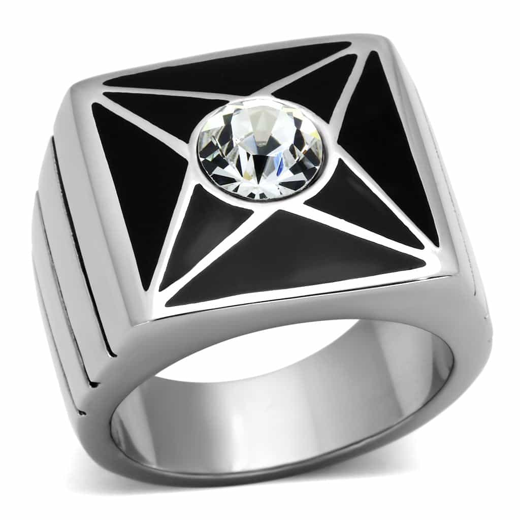 Stainless Steel Black Enamel Star CZ Mens Signet Ring view 1