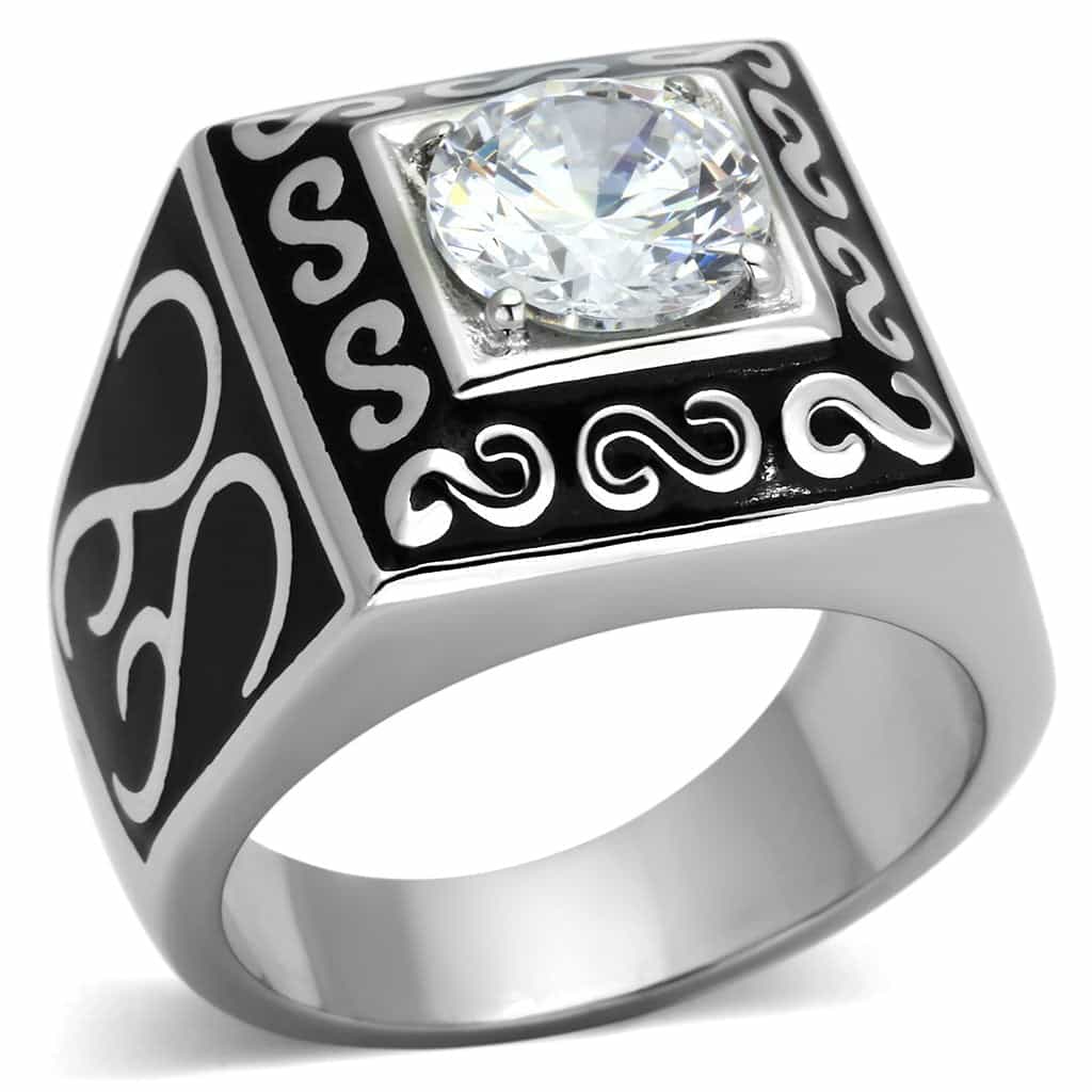 Stainless Steel CZ Princess Scroll Mens Signet Ring view 1