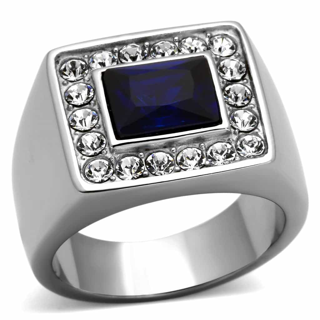 Stainless Steel Blue Sapphire Emerald Cut CZ Halo Mens Ring view 5