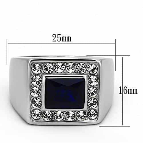 Stainless Steel Blue Sapphire Emerald Cut CZ Halo Mens Ring view 2