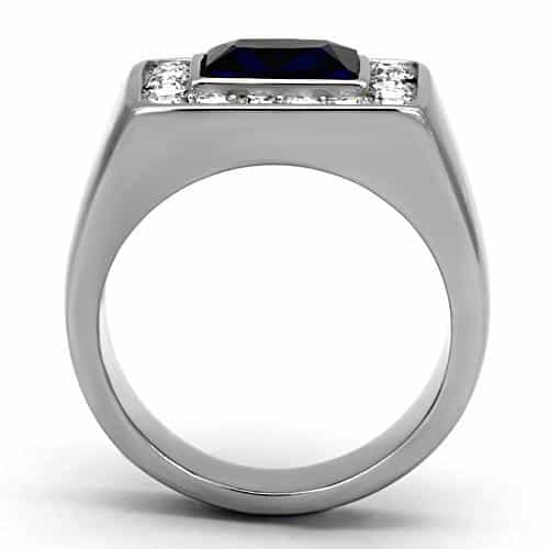 Stainless Steel Blue Sapphire Emerald Cut CZ Halo Mens Ring view 7