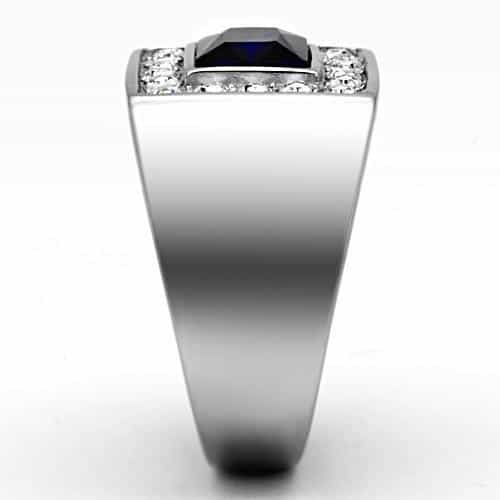 Stainless Steel Blue Sapphire Emerald Cut CZ Halo Mens Ring view 8