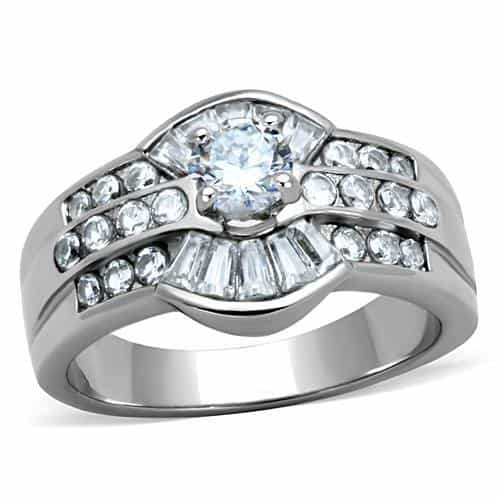 Stainless Steel CZ Round Baguette Channel Wide Band Ring view 1