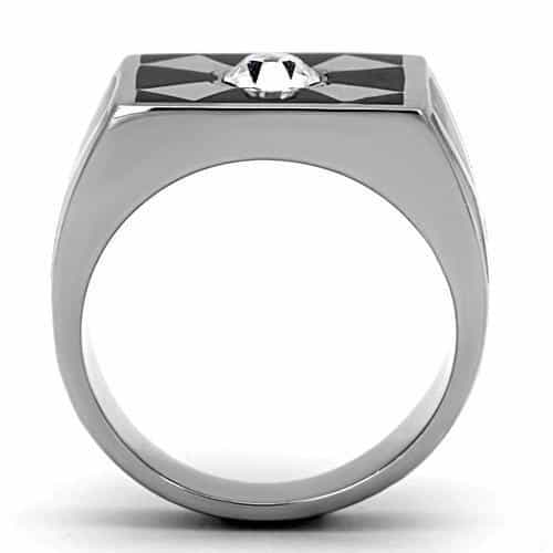 Stainless Steel Black Enamel Geometric CZ Mens Signet Ring view 7