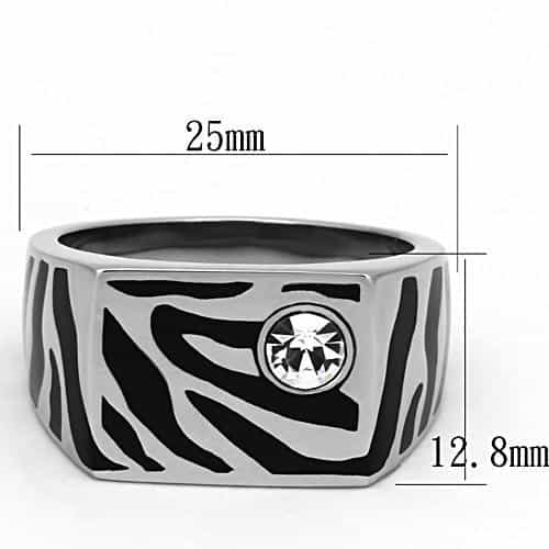 Stainless Steel Black Enamel Zebra CZ Mens Signet Ring view 6
