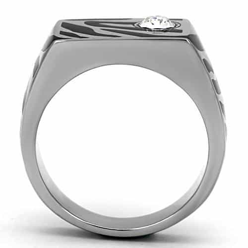 Stainless Steel Black Enamel Zebra CZ Mens Signet Ring view 3