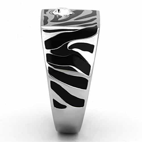 Stainless Steel Black Enamel Zebra CZ Mens Signet Ring view 8