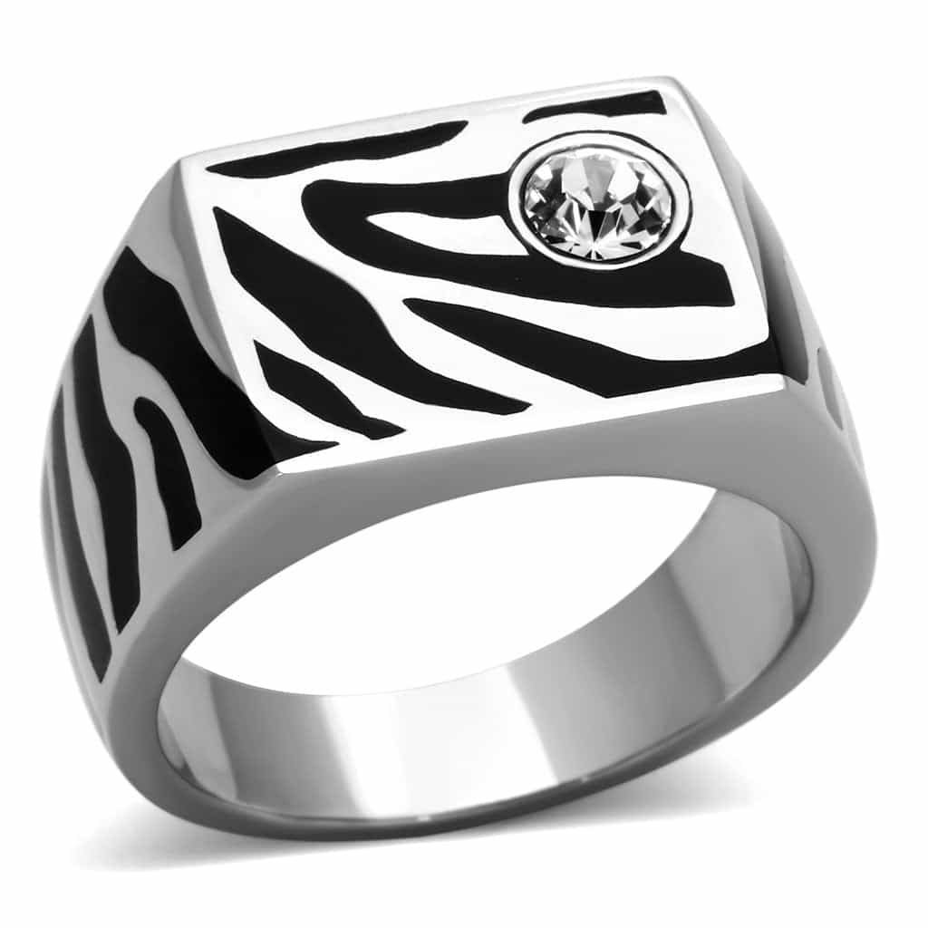 Stainless Steel Black Enamel Zebra CZ Mens Signet Ring view 1