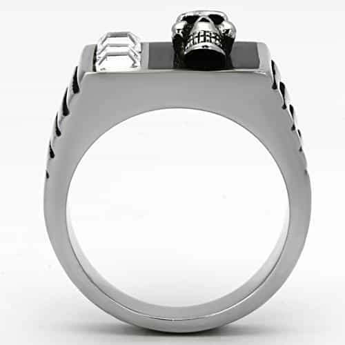 Stainless Steel Black Onyx Skull CZ Mens Signet Ring view 7