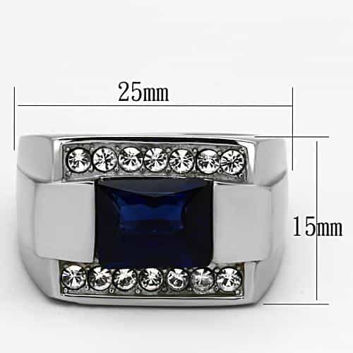 Stainless Steel Blue Sapphire Emerald Cut CZ Channel Mens Ring view 6