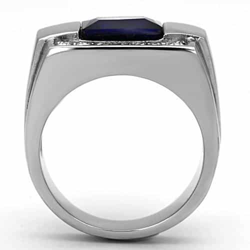 Stainless Steel Blue Sapphire Emerald Cut CZ Channel Mens Ring view 7