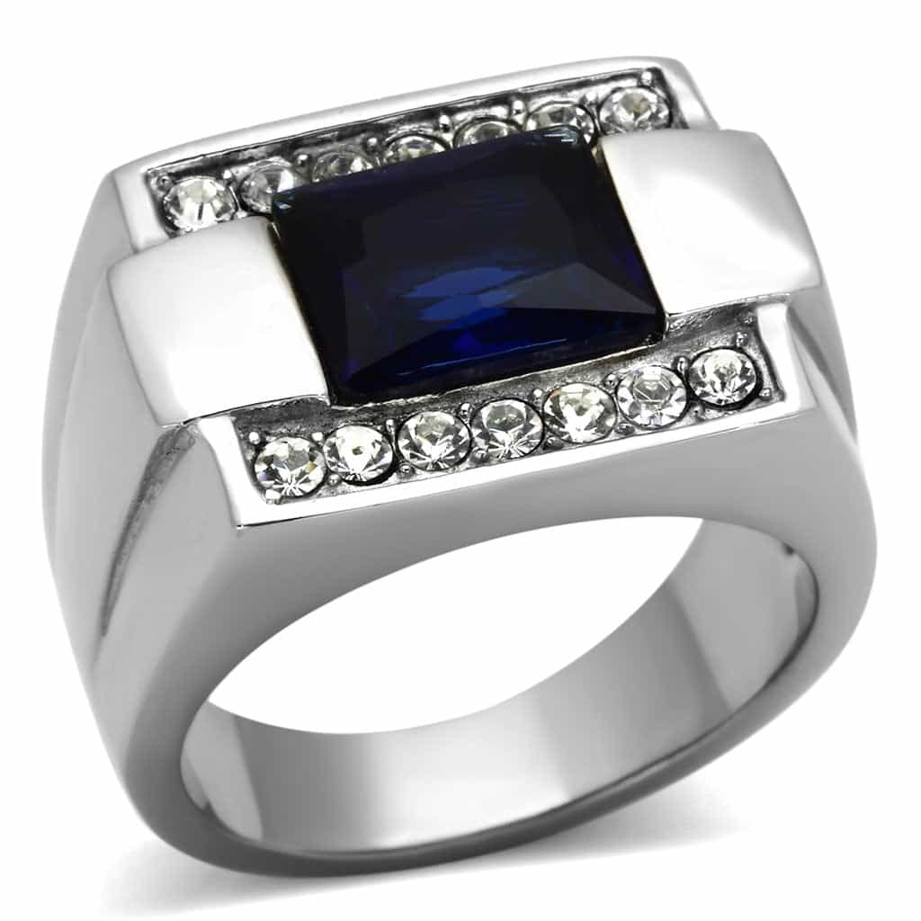 Stainless Steel Blue Sapphire Emerald Cut CZ Channel Mens Ring view 1