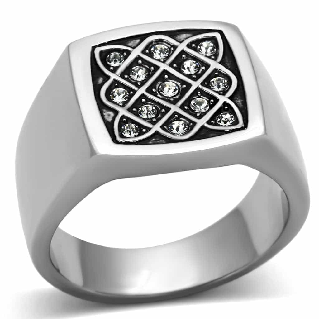 Stainless Steel CZ Lattice Grid Mens Signet Ring view 5