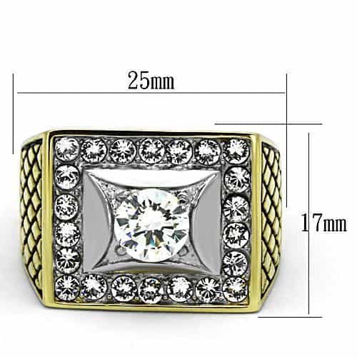 Stainless Steel Gold CZ Princess Halo Mens Signet Ring view 6