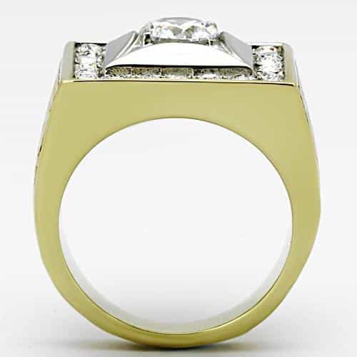 Stainless Steel Gold CZ Princess Halo Mens Signet Ring view 7