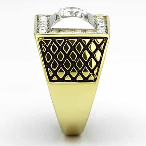 Stainless Steel Gold CZ Princess Halo Mens Signet Ring view 8