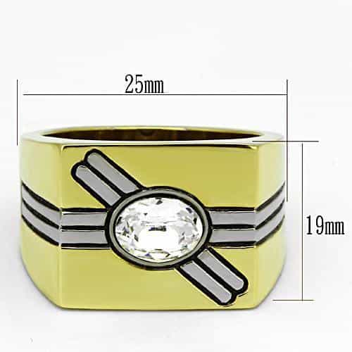Stainless Steel Gold Enamel Stripe CZ Oval Accent Signet Ring view 6