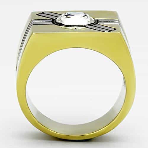 Stainless Steel Gold Enamel Stripe CZ Oval Accent Signet Ring view 7