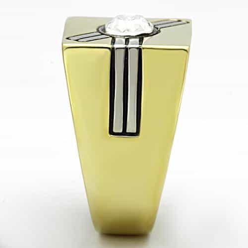 Stainless Steel Gold Enamel Stripe CZ Oval Accent Signet Ring view 8