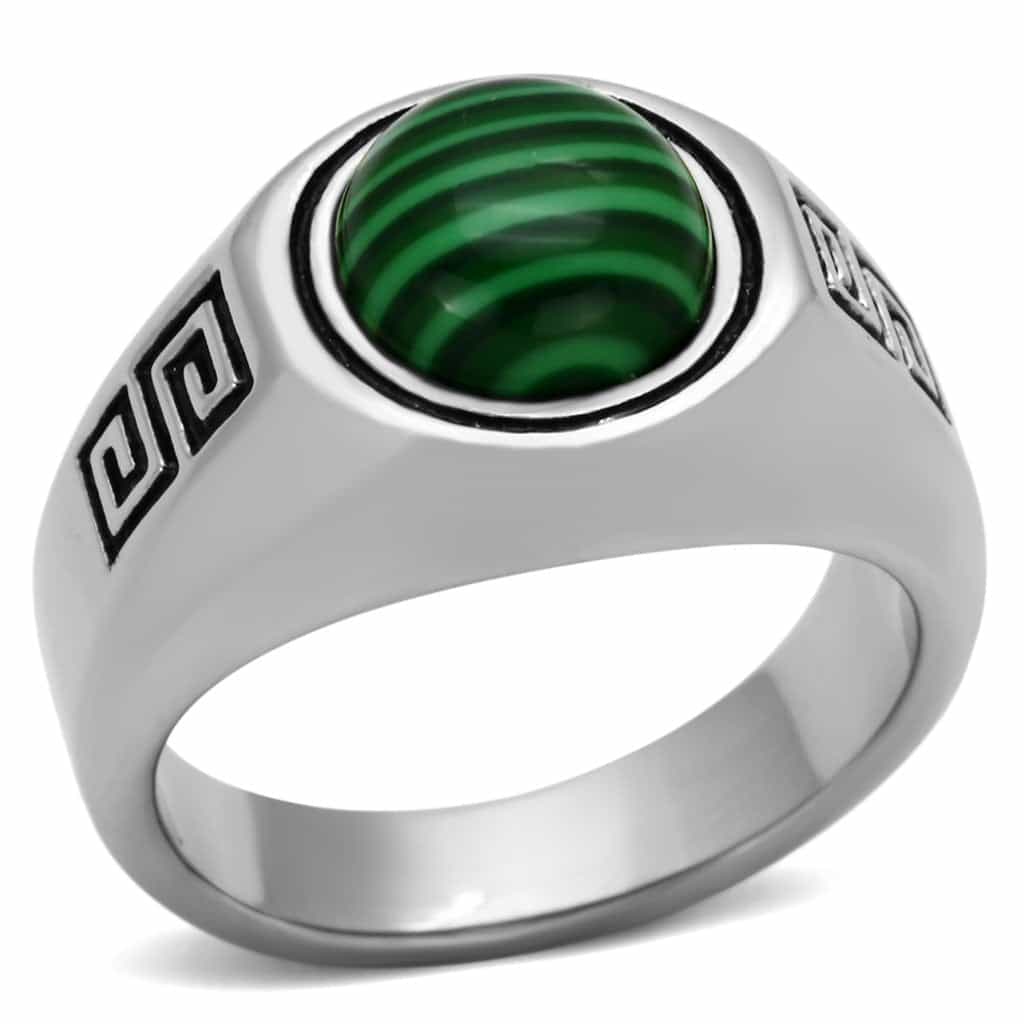 Stainless Steel Malachite Round Greek Key Mens Signet Ring view 5